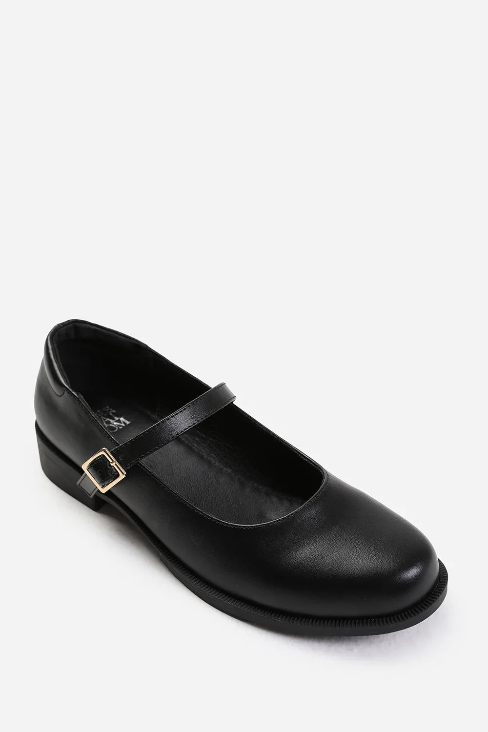 KINGSTON LOW HEEL LOAFER WITH STRAP AND BUCKLE DETAIL IN BLACK FAUX LEATHER