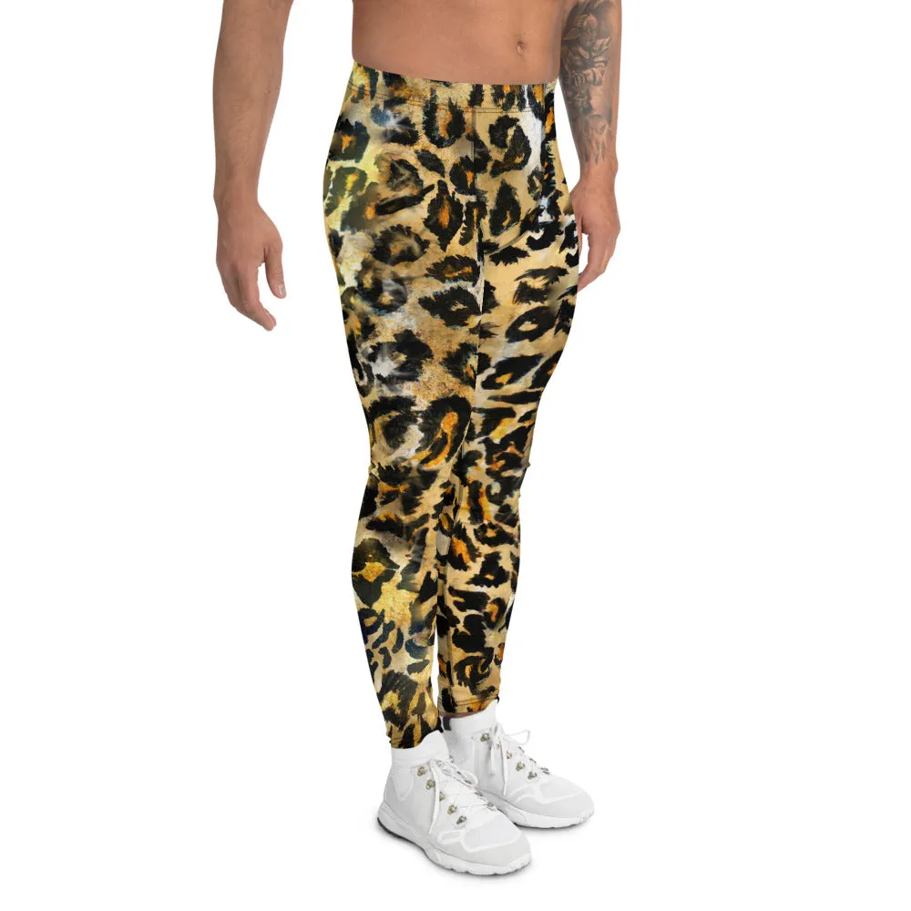 Leopard Rave Men's Leggings, Wild Animal Print Brown Festival Designer Meggings-Made in USA/EU/ MX