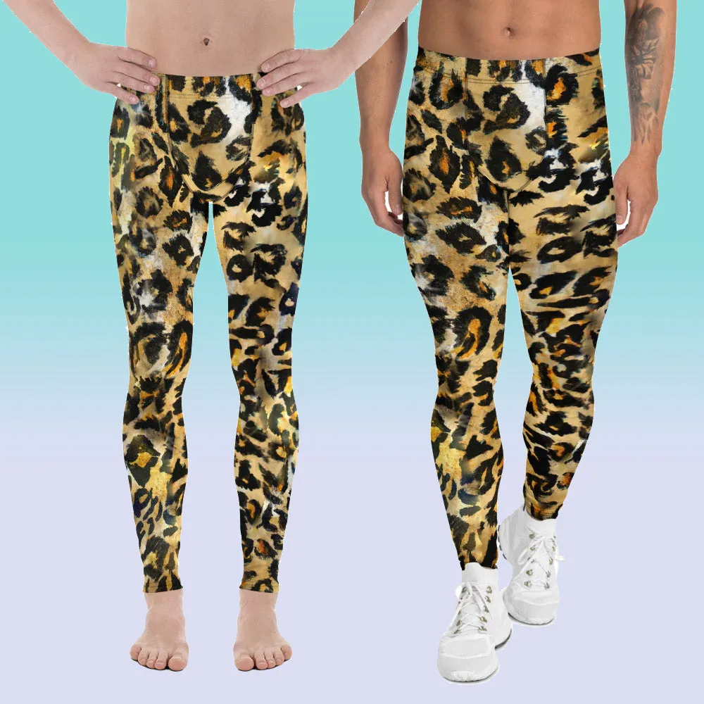 Leopard Rave Men's Leggings, Wild Animal Print Brown Festival Designer Meggings-Made in USA/EU/ MX