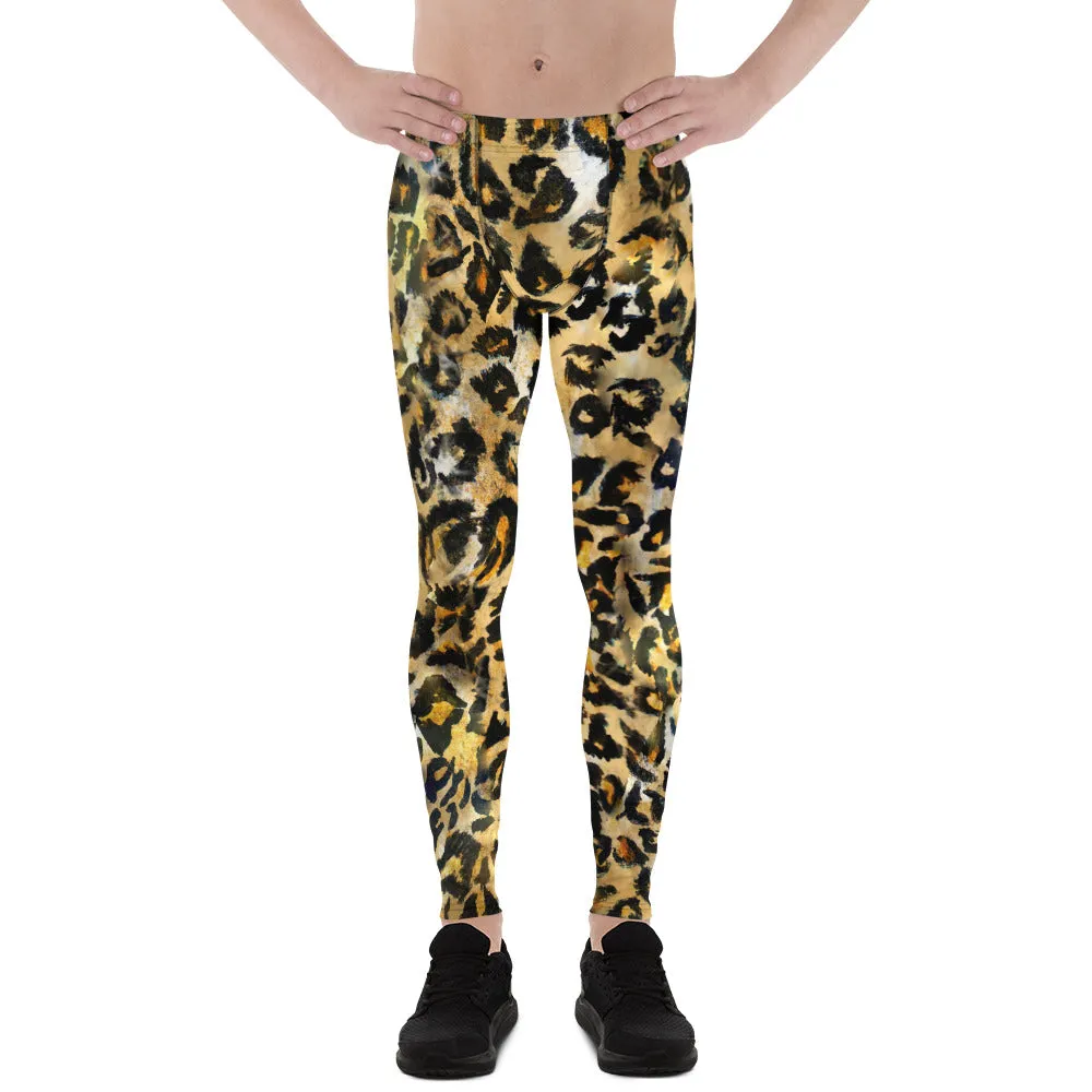 Leopard Rave Men's Leggings, Wild Animal Print Brown Festival Designer Meggings-Made in USA/EU/ MX