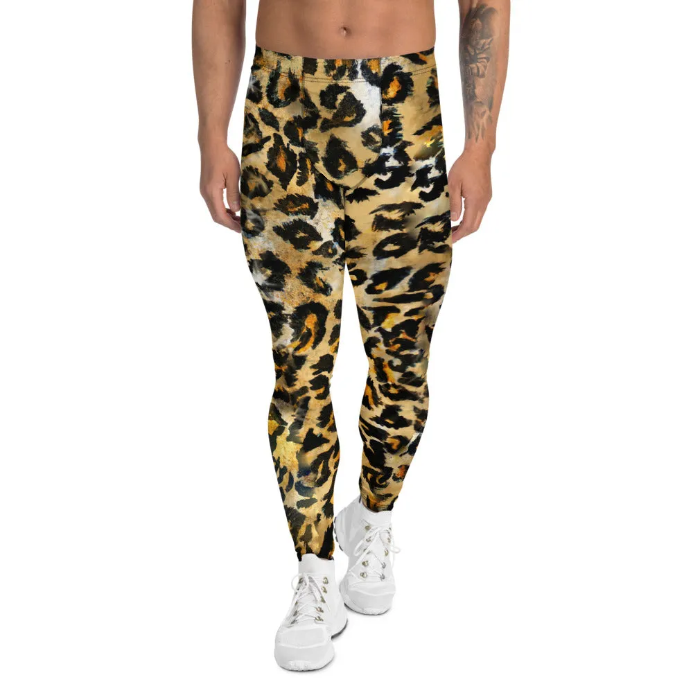 Leopard Rave Men's Leggings, Wild Animal Print Brown Festival Designer Meggings-Made in USA/EU/ MX