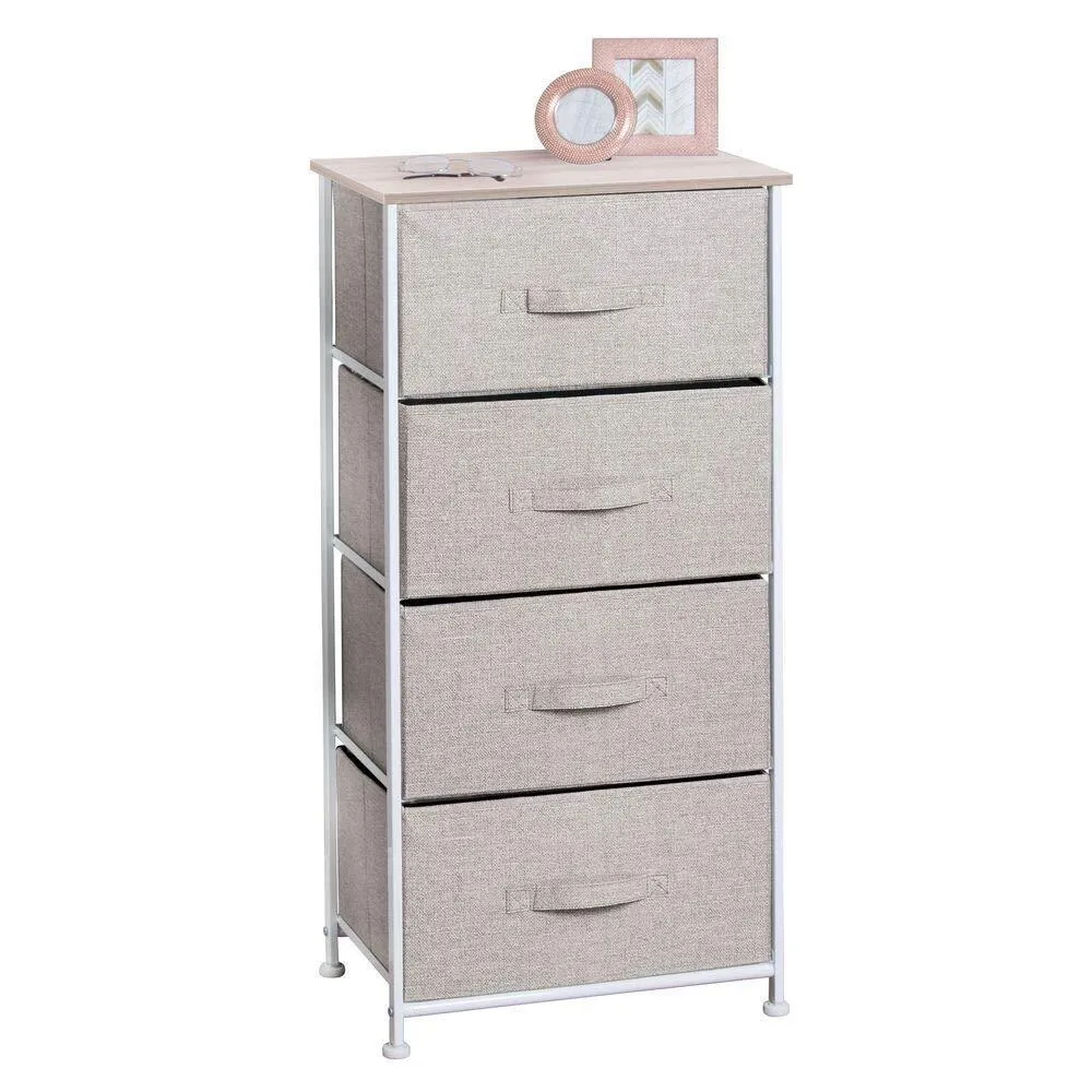 mDesign Vertical Dresser Storage Tower - Sturdy Steel Frame, Wood Top, Easy Pull Fabric Bins - Organizer Unit for Bedroom, Hallway, Entryway, Closets - Textured Print - 4 Drawers - Linen/Natural