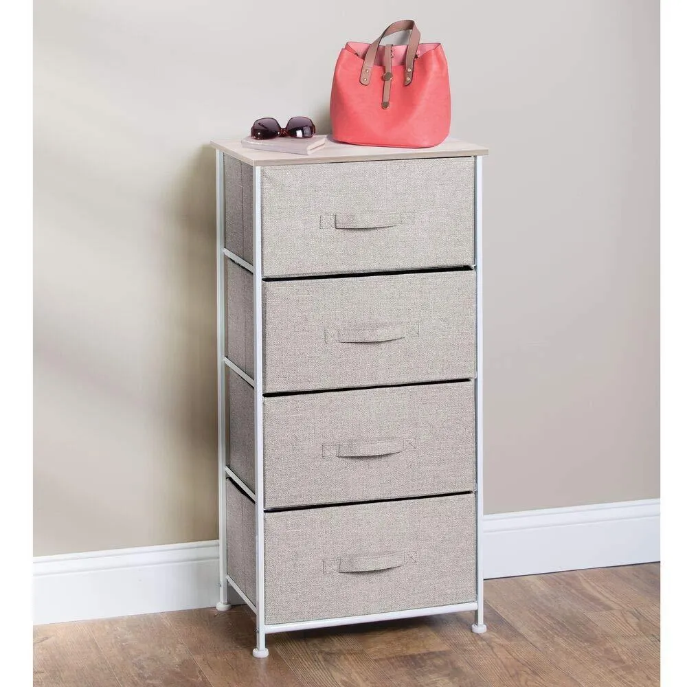 mDesign Vertical Dresser Storage Tower - Sturdy Steel Frame, Wood Top, Easy Pull Fabric Bins - Organizer Unit for Bedroom, Hallway, Entryway, Closets - Textured Print - 4 Drawers - Linen/Natural