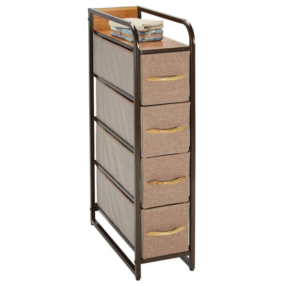 mDesign Vertical Narrow Dresser Storage Tower - Sturdy Steel Frame, Wood Top & Handles, Easy Pull Fabric Bins - Organizer Unit for Bedroom, Hallway, Entryway, Closets - 4 Drawers - Coffee/Espresso