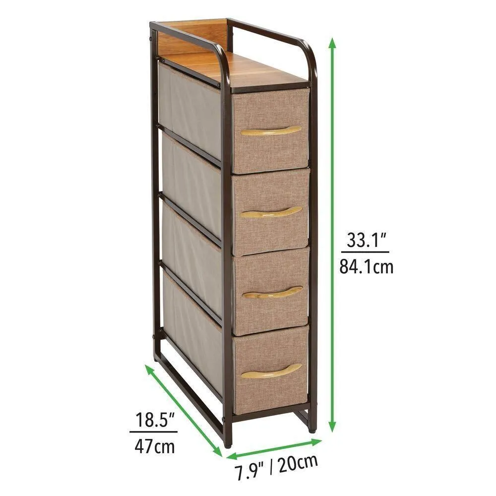 mDesign Vertical Narrow Dresser Storage Tower - Sturdy Steel Frame, Wood Top & Handles, Easy Pull Fabric Bins - Organizer Unit for Bedroom, Hallway, Entryway, Closets - 4 Drawers - Coffee/Espresso