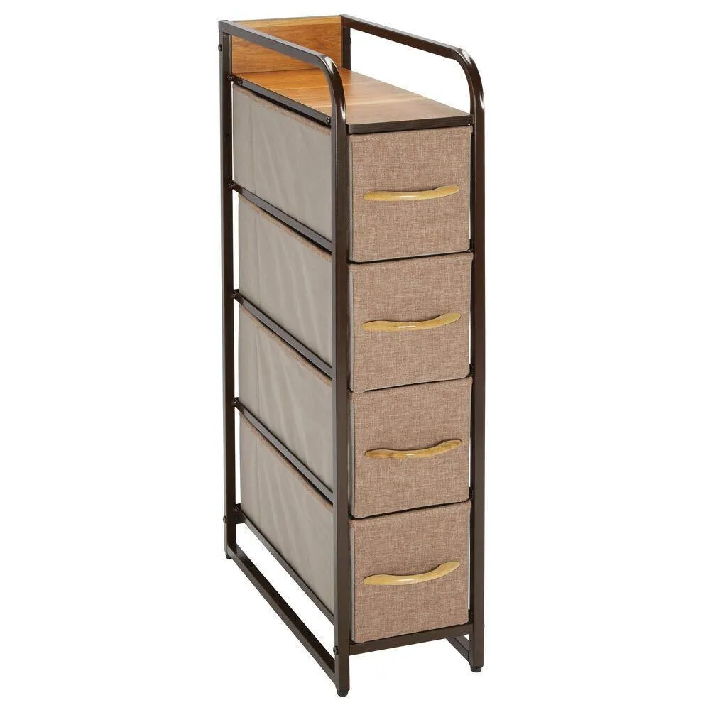 mDesign Vertical Narrow Dresser Storage Tower - Sturdy Steel Frame, Wood Top & Handles, Easy Pull Fabric Bins - Organizer Unit for Bedroom, Hallway, Entryway, Closets - 4 Drawers - Coffee/Espresso