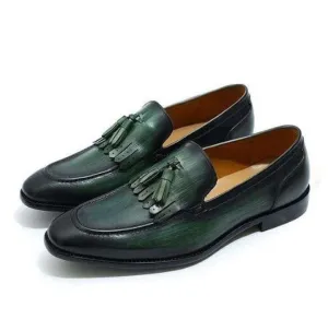 Men's Green Moccasin Slip On Fringe Tussles Shoes