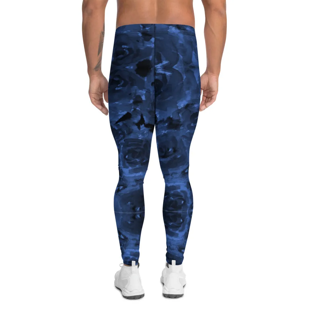 Navy Blue Abstract Men's Leggings, Floral Print Designer Meggings Luxury Running Tights For Men - Made in USA/EU/MX