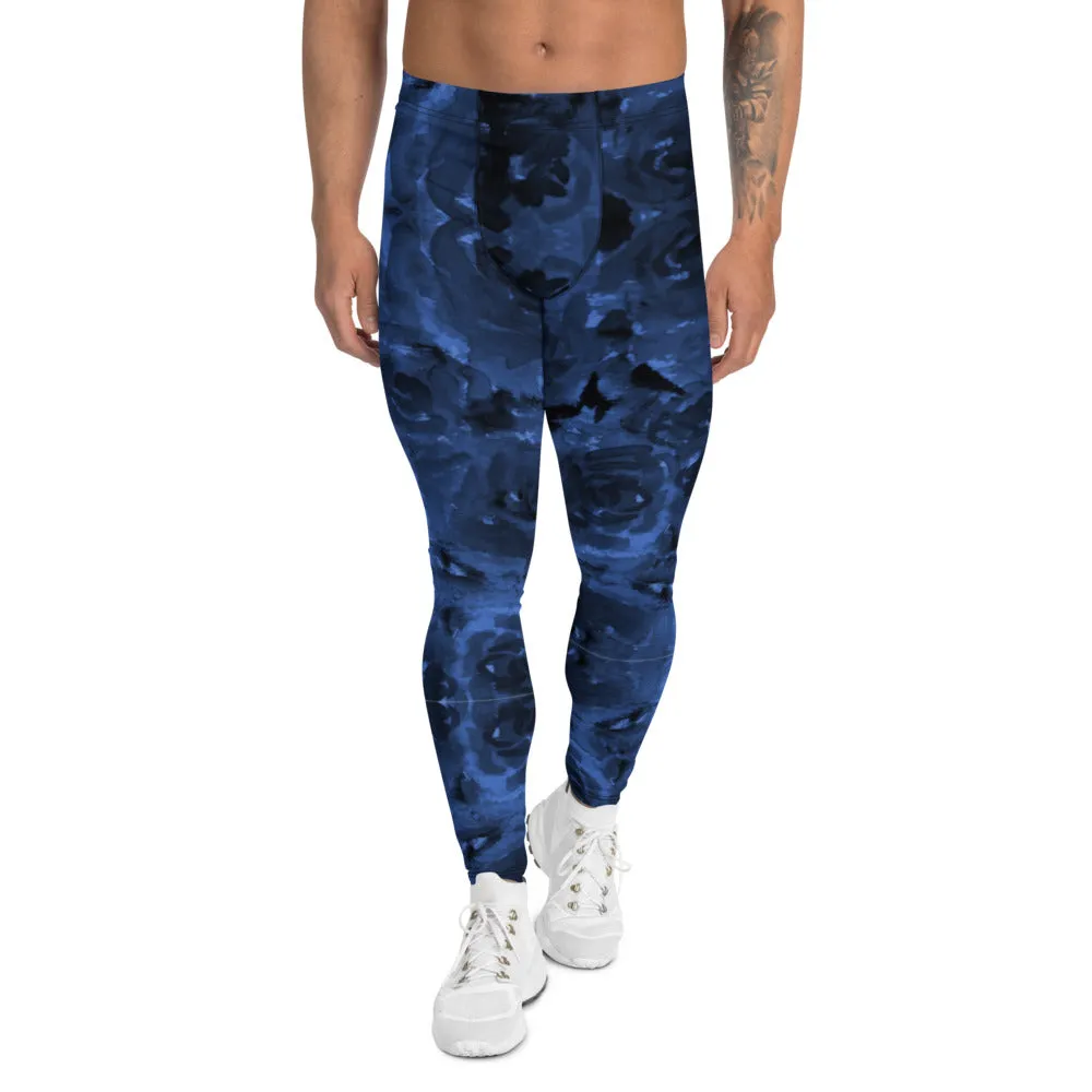 Navy Blue Abstract Men's Leggings, Floral Print Designer Meggings Luxury Running Tights For Men - Made in USA/EU/MX