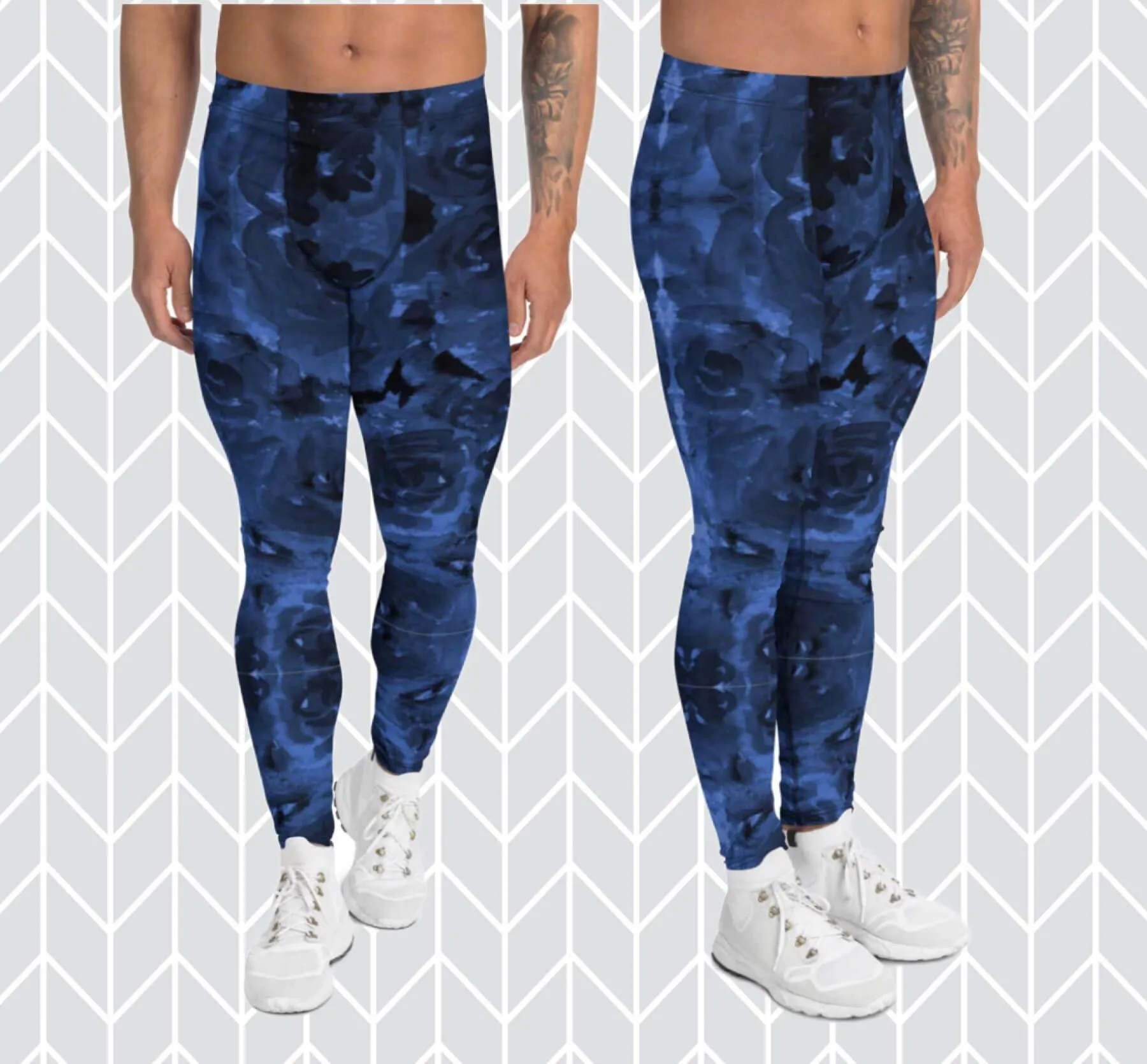 Navy Blue Abstract Men's Leggings, Floral Print Designer Meggings Luxury Running Tights For Men - Made in USA/EU/MX