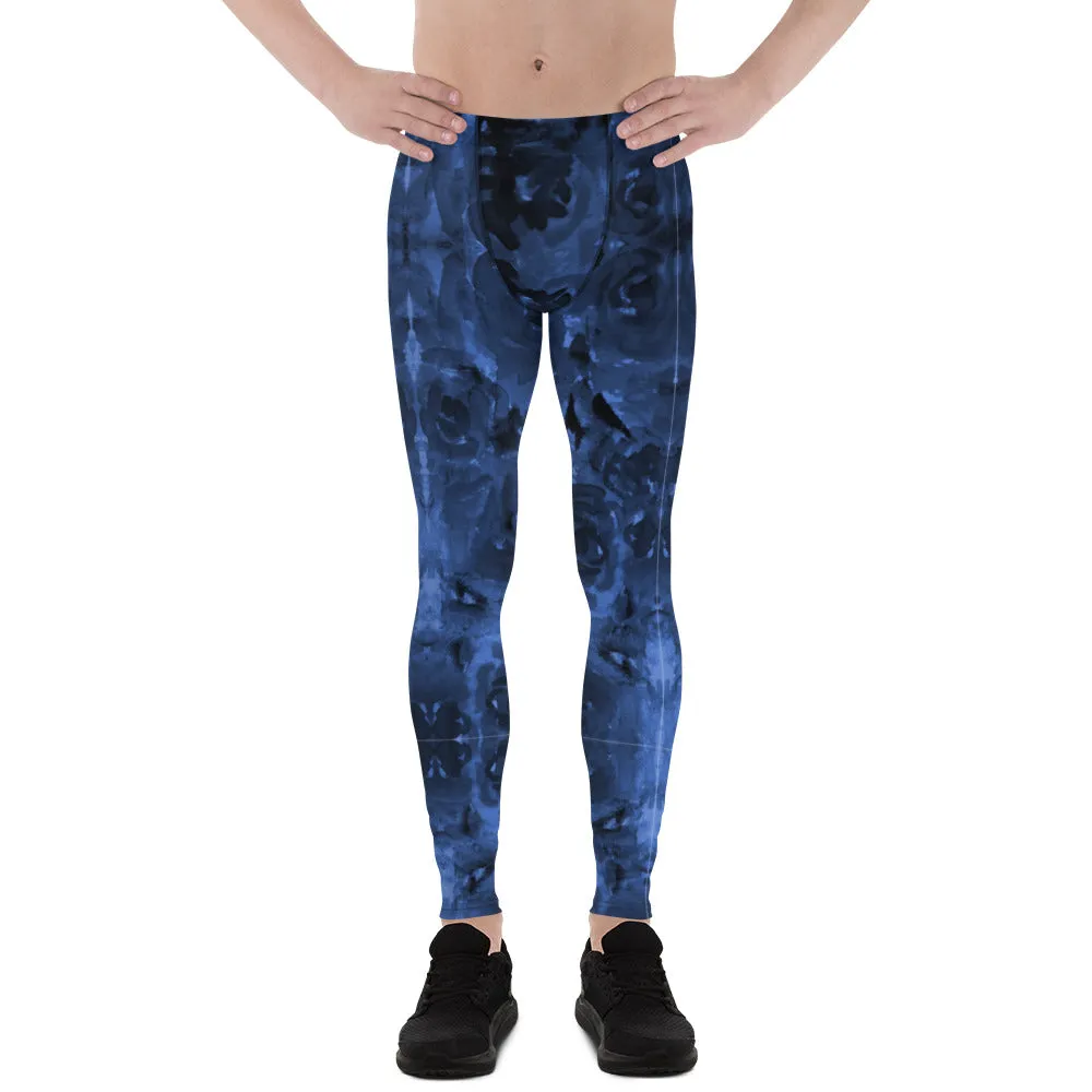 Navy Blue Abstract Men's Leggings, Floral Print Designer Meggings Luxury Running Tights For Men - Made in USA/EU/MX