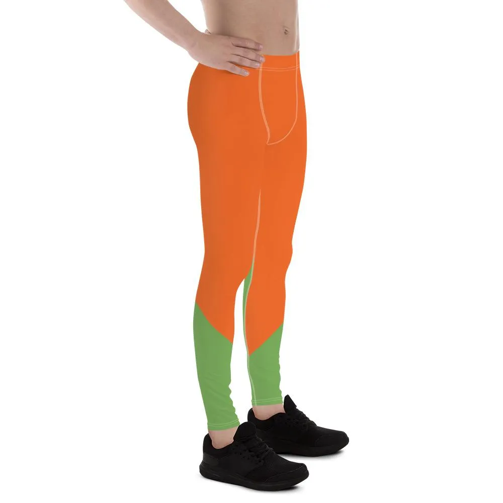 Orange Green Color Block Meggings, Designer Orange Green Duo Color Men's Leggings Meggings Tights Pants- Made in USA/ EU