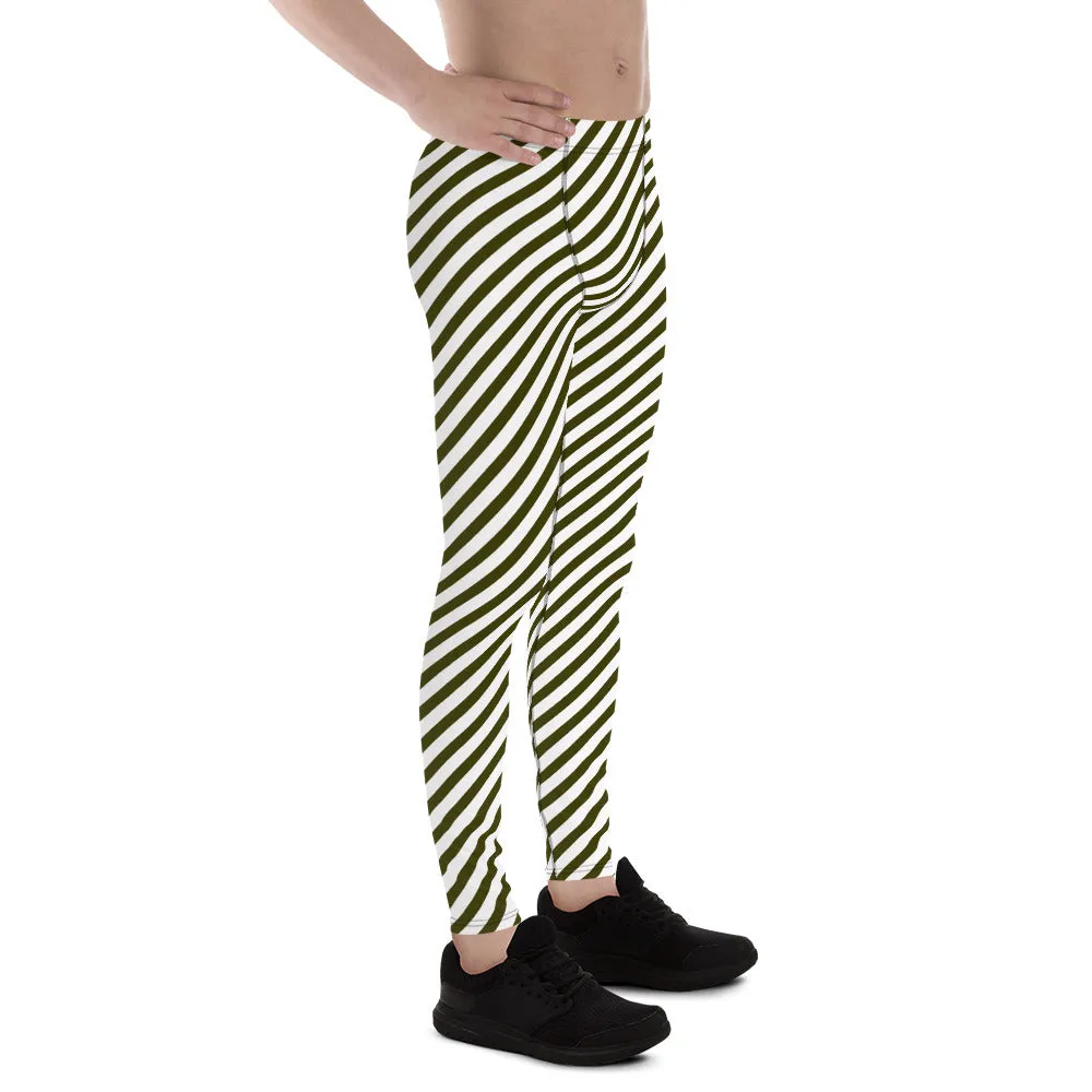 Pine Green White Striped Meggings, Diagonal Striped Men's Leggings Designer Running Compression Tights For Men - Made in USA/EU/MX