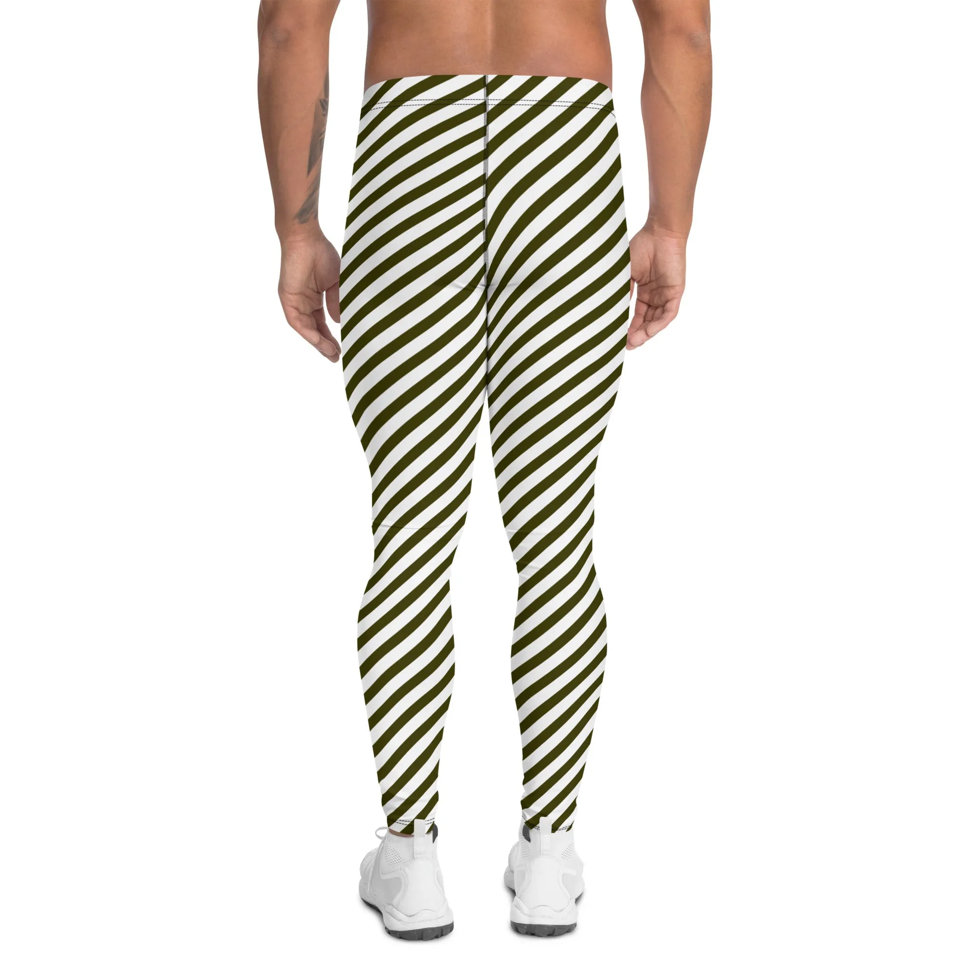 Pine Green White Striped Meggings, Diagonal Striped Men's Leggings Designer Running Compression Tights For Men - Made in USA/EU/MX