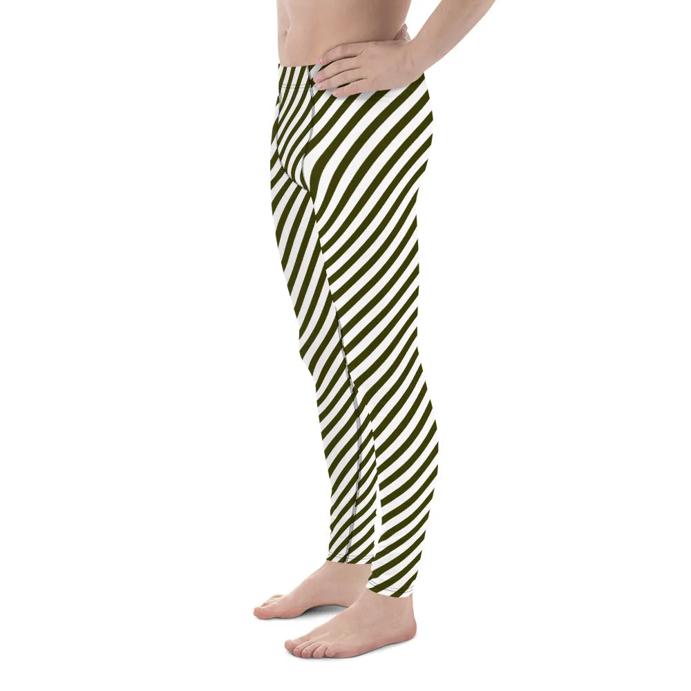 Pine Green White Striped Meggings, Diagonal Striped Men's Leggings Designer Running Compression Tights For Men - Made in USA/EU/MX