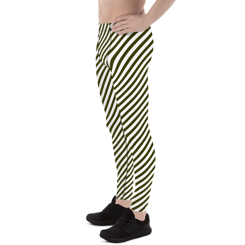 Pine Green White Striped Meggings, Diagonal Striped Men's Leggings Designer Running Compression Tights For Men - Made in USA/EU/MX