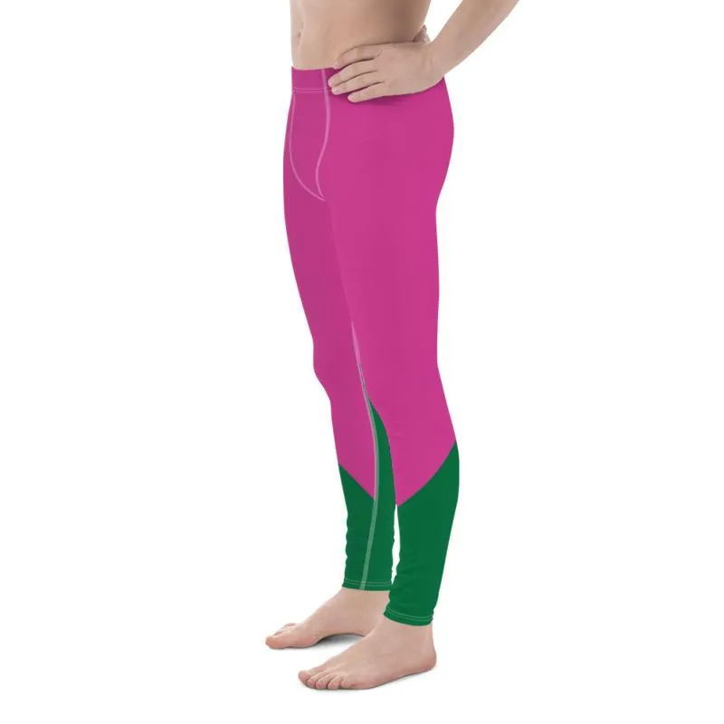 Pink Green Color Block Meggings, Best Hot Pink Green Shade Duo Colors Men's Leggings Meggings Tights- Made in USA/ EU