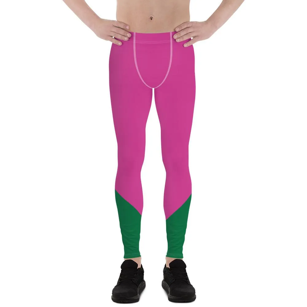 Pink Green Color Block Meggings, Best Hot Pink Green Shade Duo Colors Men's Leggings Meggings Tights- Made in USA/ EU