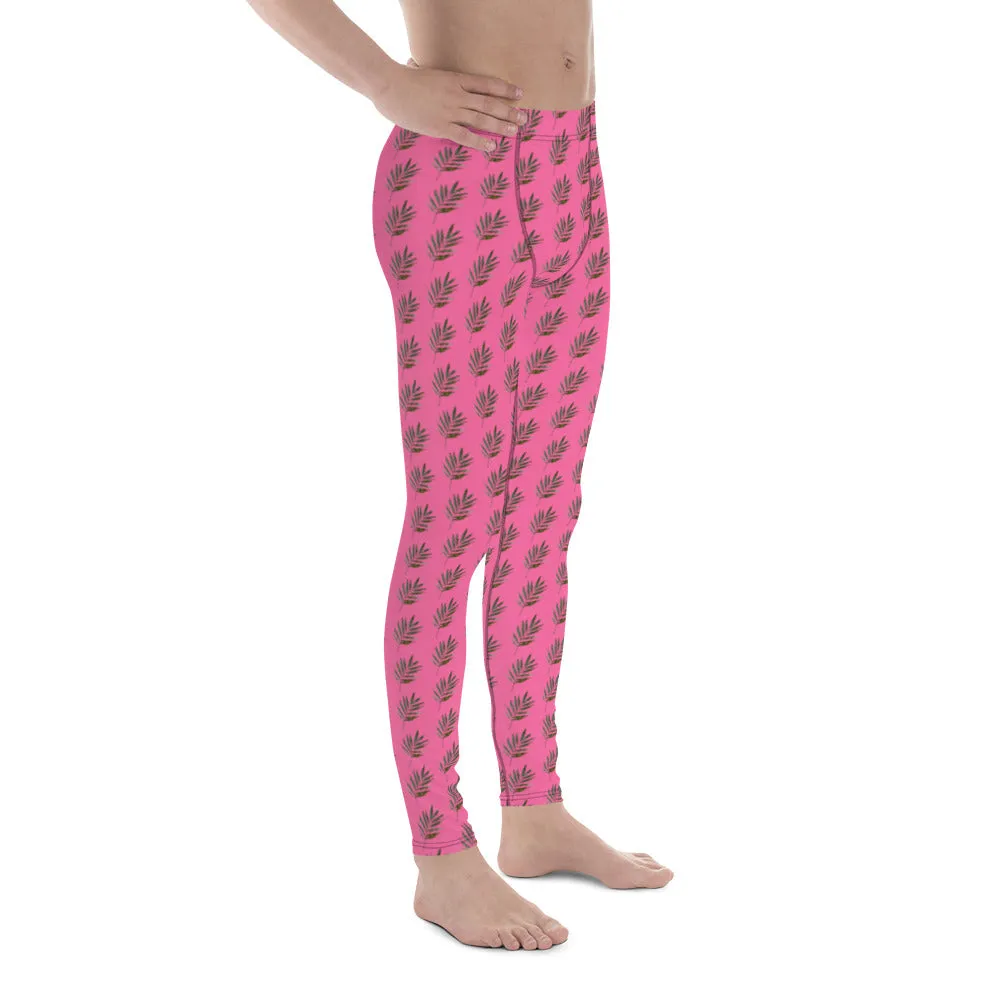 Pink Palm Leaf Meggings, Best Pink Hawaiian Style Leaves Running Tights For Men- Made in USA/EU/MX