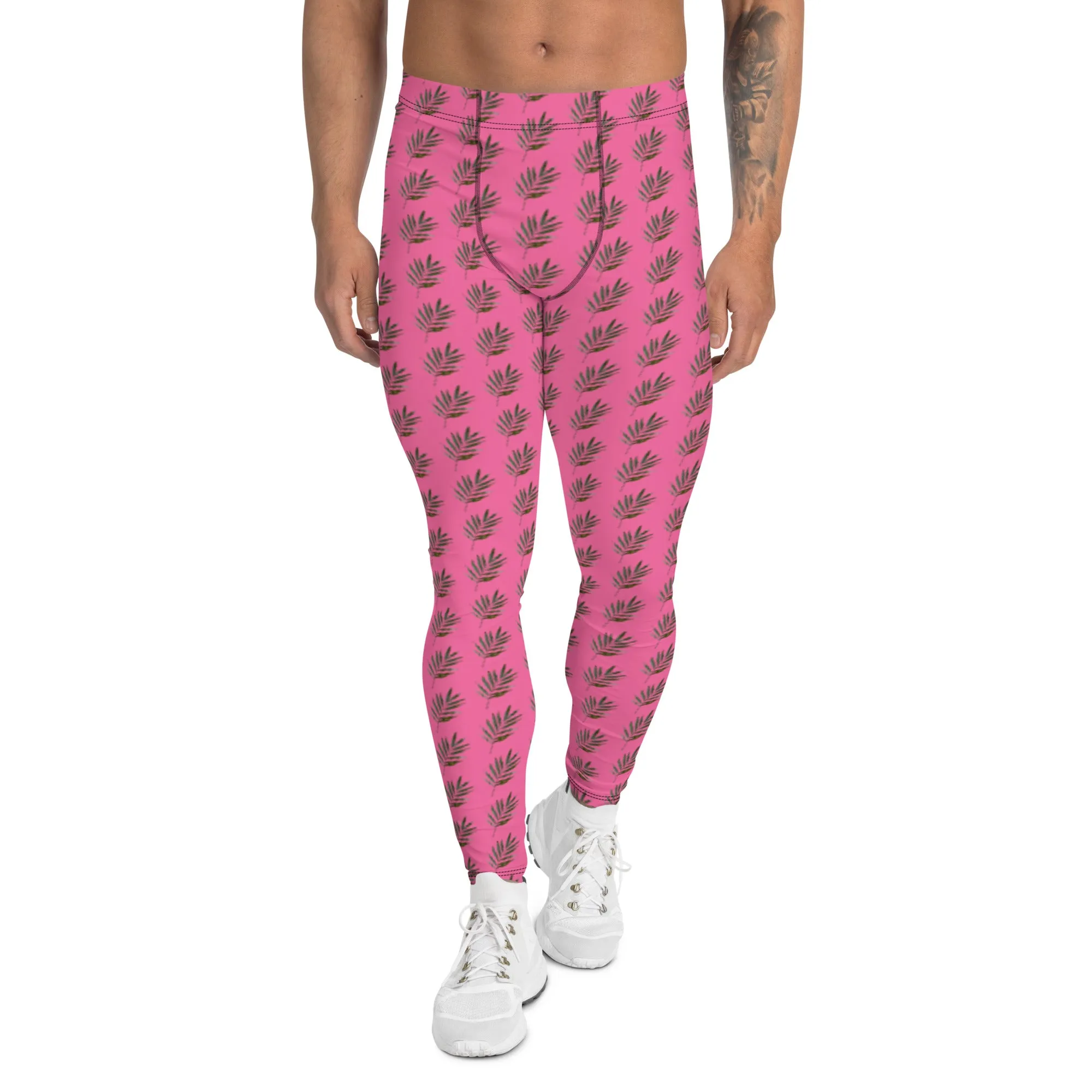 Pink Palm Leaf Meggings, Best Pink Hawaiian Style Leaves Running Tights For Men- Made in USA/EU/MX