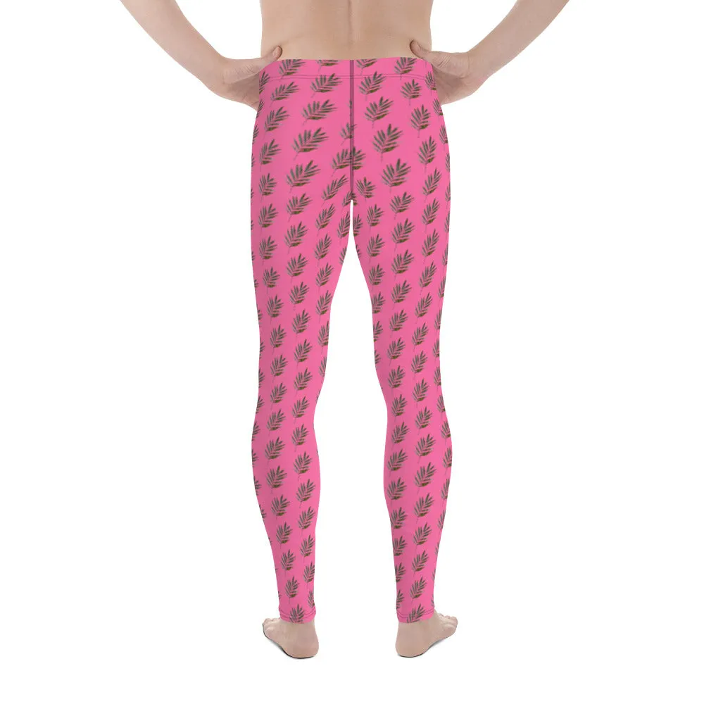 Pink Palm Leaf Meggings, Best Pink Hawaiian Style Leaves Running Tights For Men- Made in USA/EU/MX