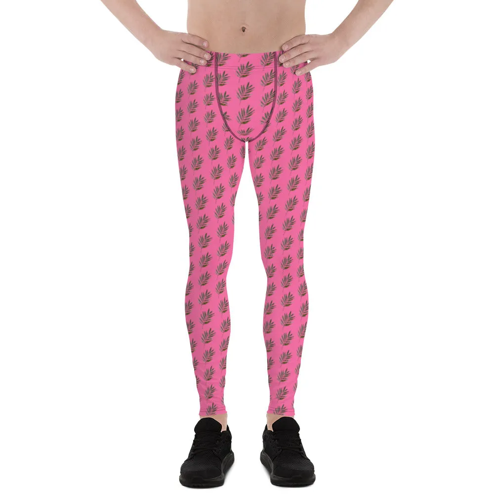 Pink Palm Leaf Meggings, Best Pink Hawaiian Style Leaves Running Tights For Men- Made in USA/EU/MX