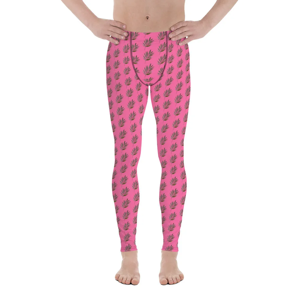 Pink Palm Leaf Meggings, Best Pink Hawaiian Style Leaves Running Tights For Men- Made in USA/EU/MX