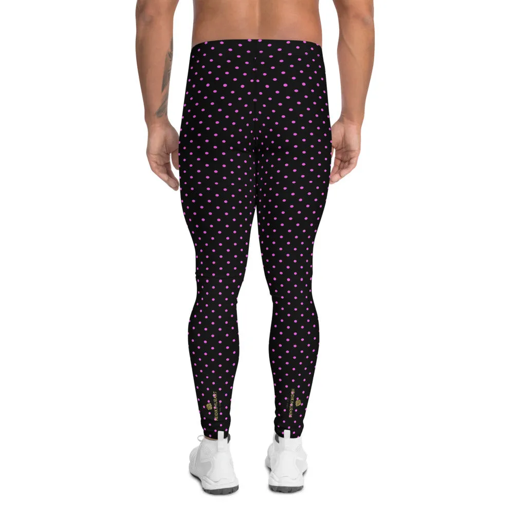 Pink Polka Dots Men's Leggings, Pink Black Best Dotted Classic Running Tights For Men-Made in USA/MX/EU