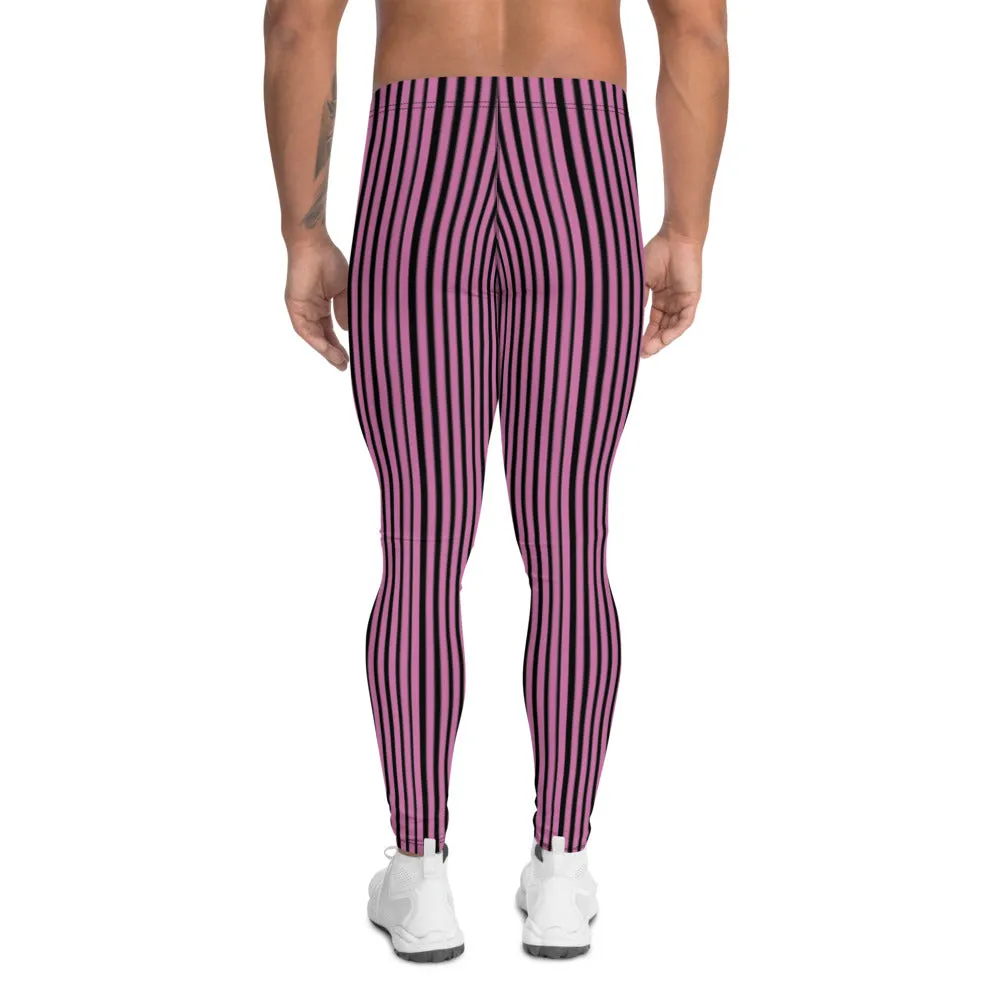 Pink Striped Men's Leggings, Modern Black and Pink Vertically Stripes Meggings-Made in USA/EU