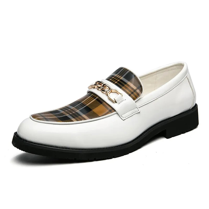 Plaid Pattern And Metal Chain Appliques Men Loafers