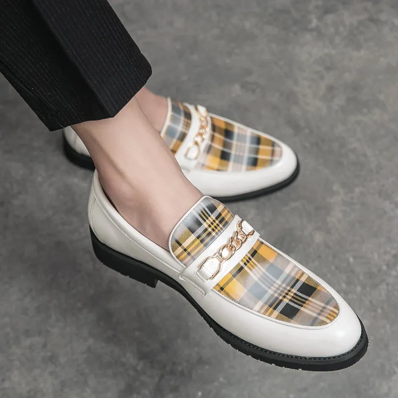 Plaid Pattern And Metal Chain Appliques Men Loafers