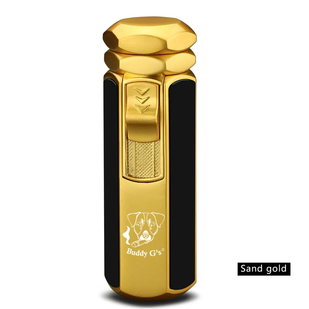 Quad Flame Hexagon Shape Cigar Lighter - Shiny Metal, Windproof, Refillable Butane Adjustable Jet Torch Lighter