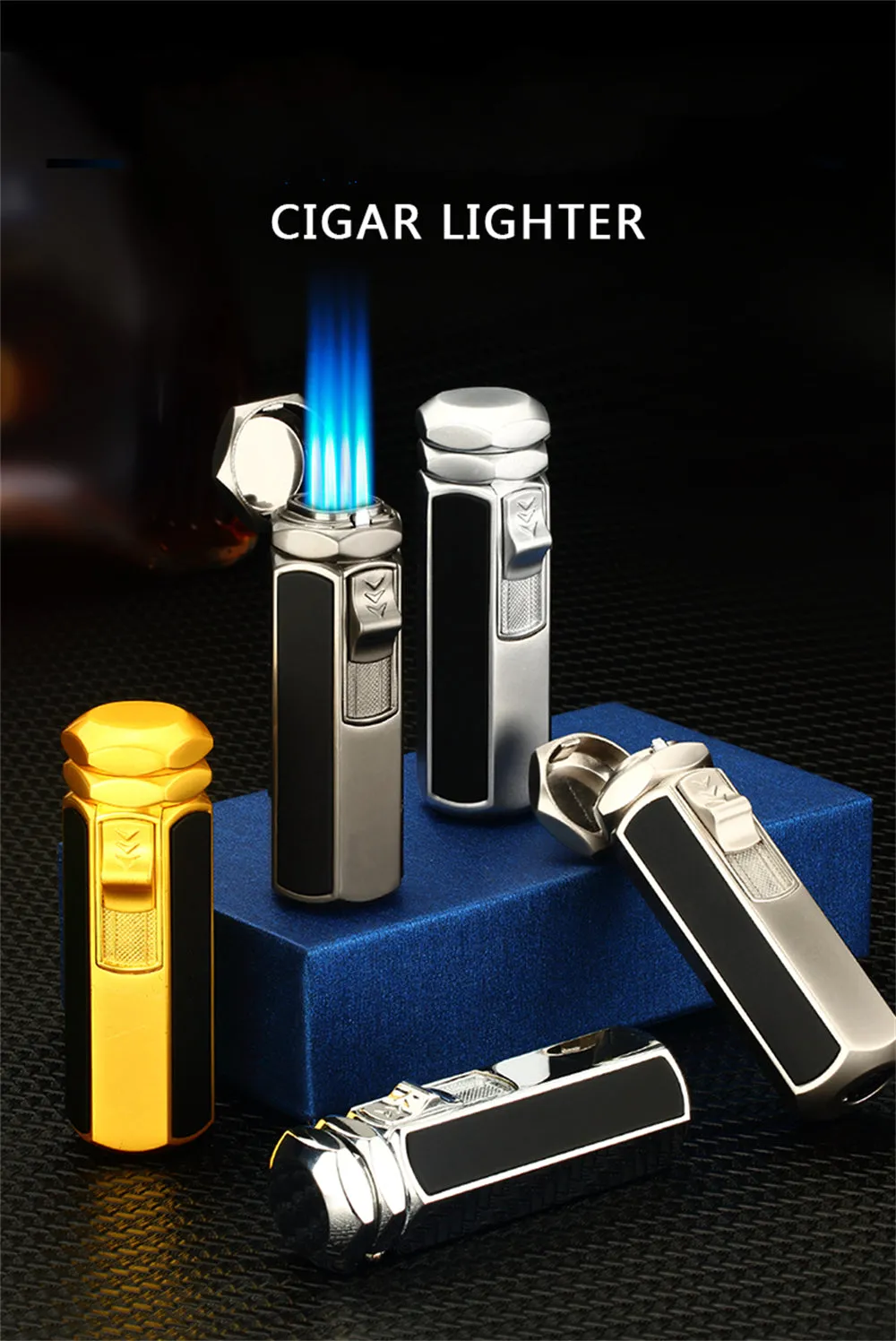 Quad Flame Hexagon Shape Cigar Lighter - Shiny Metal, Windproof, Refillable Butane Adjustable Jet Torch Lighter