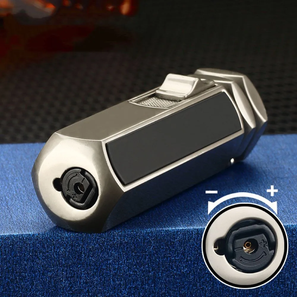 Quad Flame Hexagon Shape Cigar Lighter - Shiny Metal, Windproof, Refillable Butane Adjustable Jet Torch Lighter