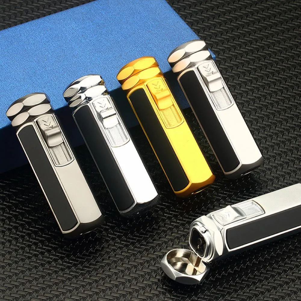 Quad Flame Hexagon Shape Cigar Lighter - Shiny Metal, Windproof, Refillable Butane Adjustable Jet Torch Lighter