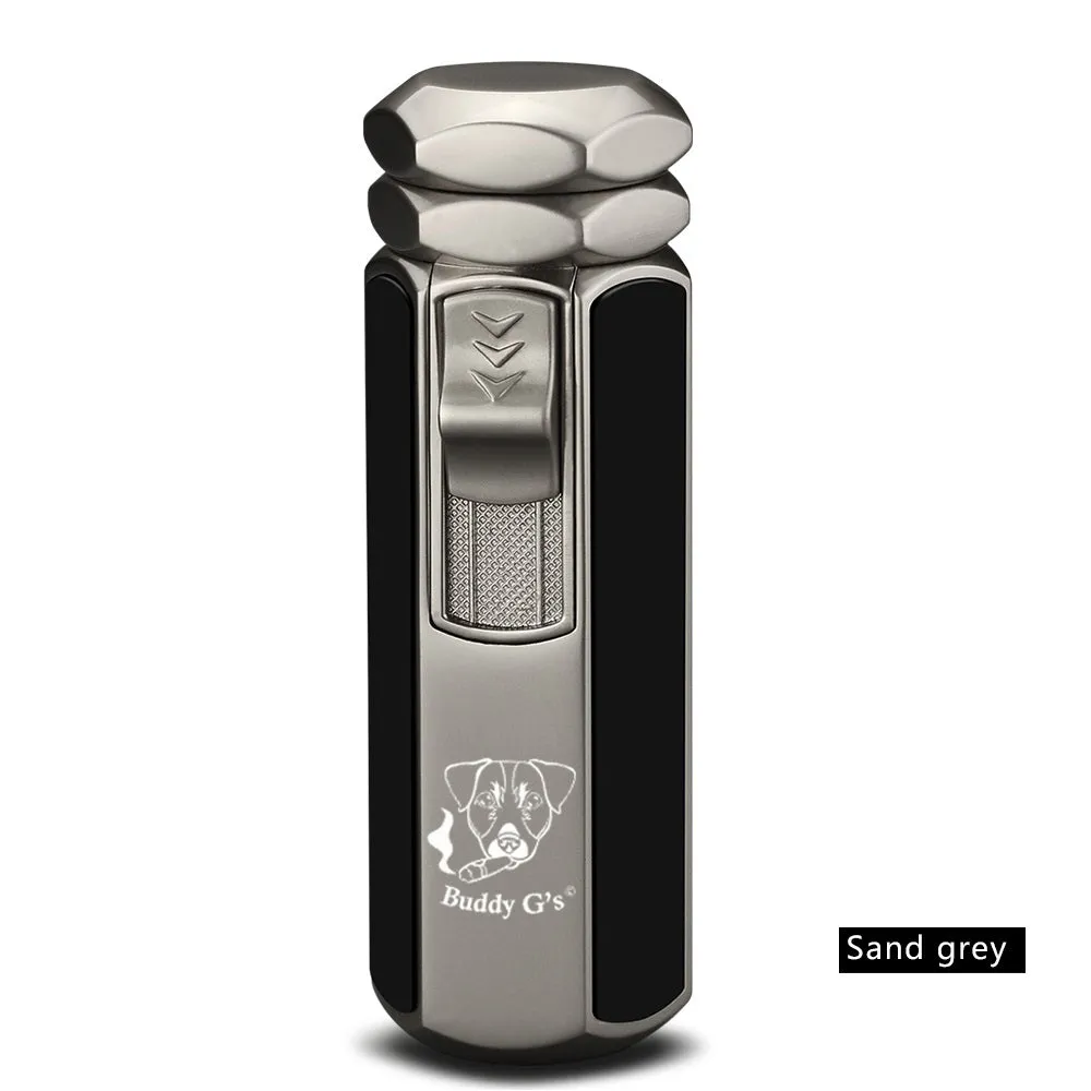 Quad Flame Hexagon Shape Cigar Lighter - Shiny Metal, Windproof, Refillable Butane Adjustable Jet Torch Lighter