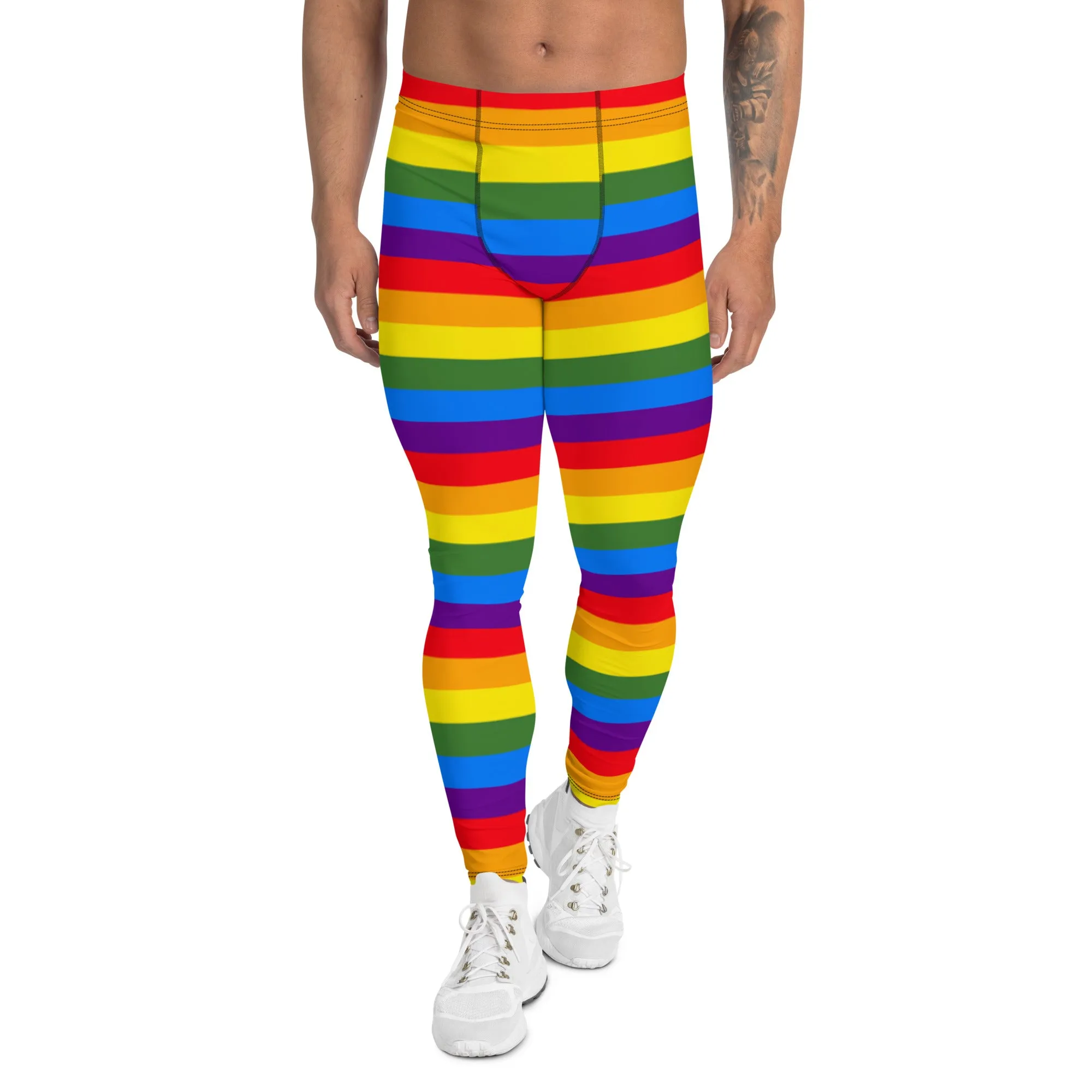 Rainbow Striped Colorful Men's Leggings, Best Gay Pride Men's Leggings Pride Outfits-Made in USA/EU/MX