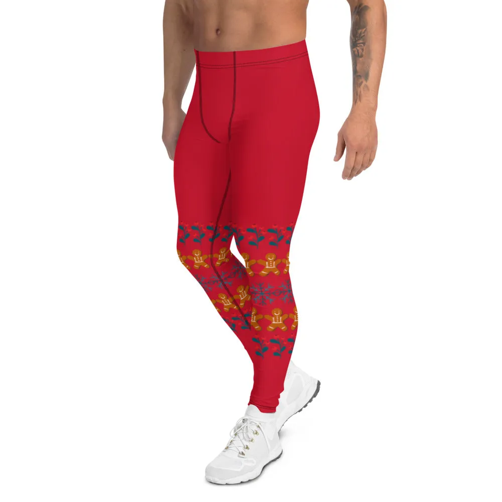 Red Christmas Gingerbread Men's Leggings, Christmas Party Meggings Run Tights-Made in USA