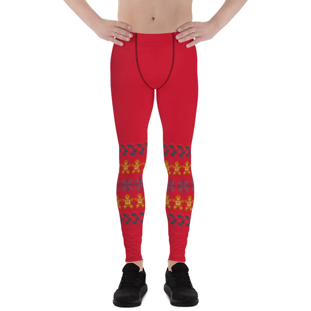 Red Christmas Gingerbread Men's Leggings, Christmas Party Meggings Run Tights-Made in USA