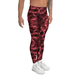 Red Lightning Men's Leggings, Mens Lightning Storm Pants, Thunder Lightning Leggings For Men-Made in USA/EU/MX