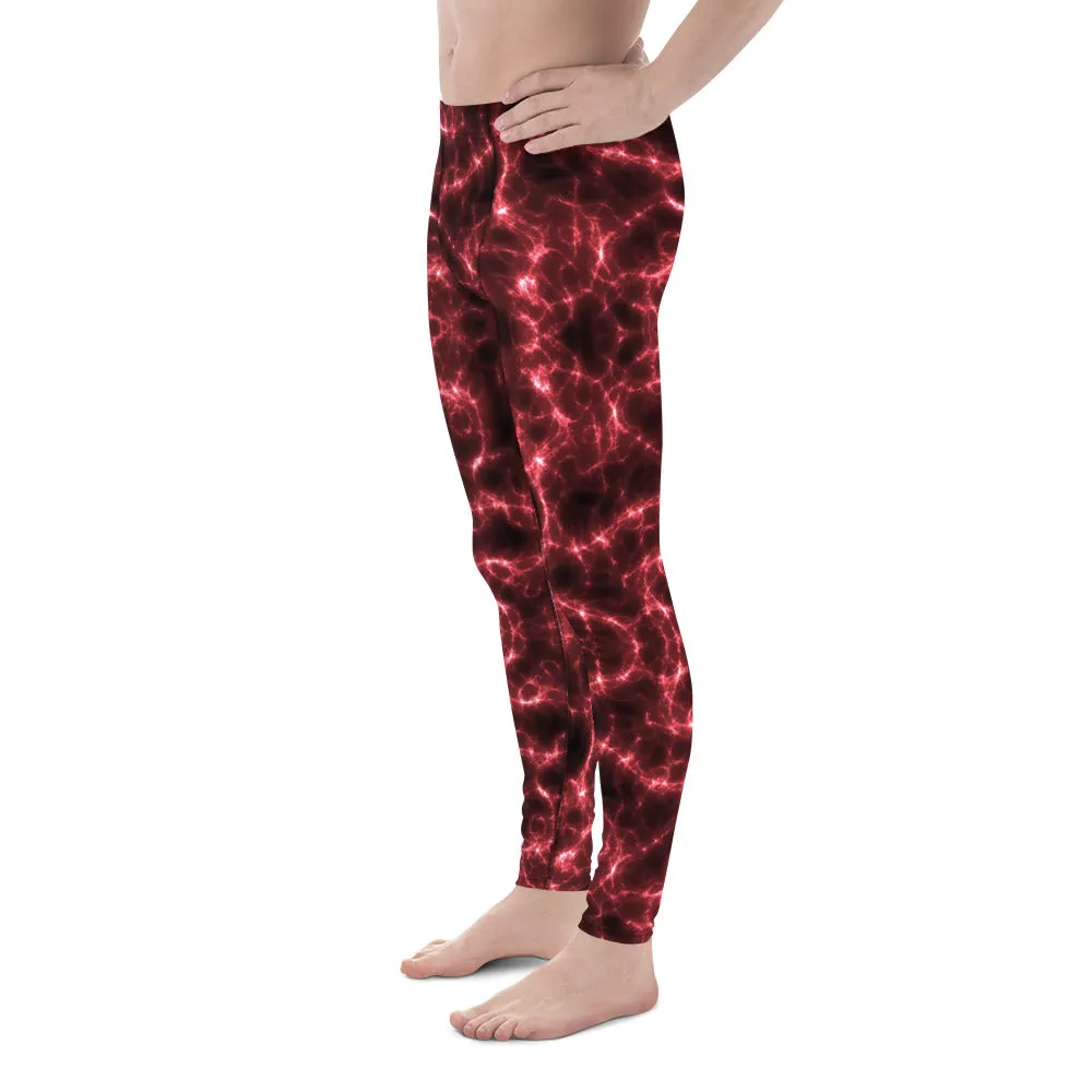 Red Lightning Men's Leggings, Mens Lightning Storm Pants, Thunder Lightning Leggings For Men-Made in USA/EU/MX