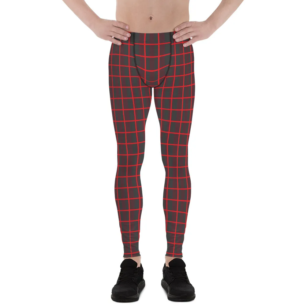 Red Plaid Print Men's Leggings, Best Xmas Festive Holiday Christmas Costume Tights - Made in USA/EU/MX