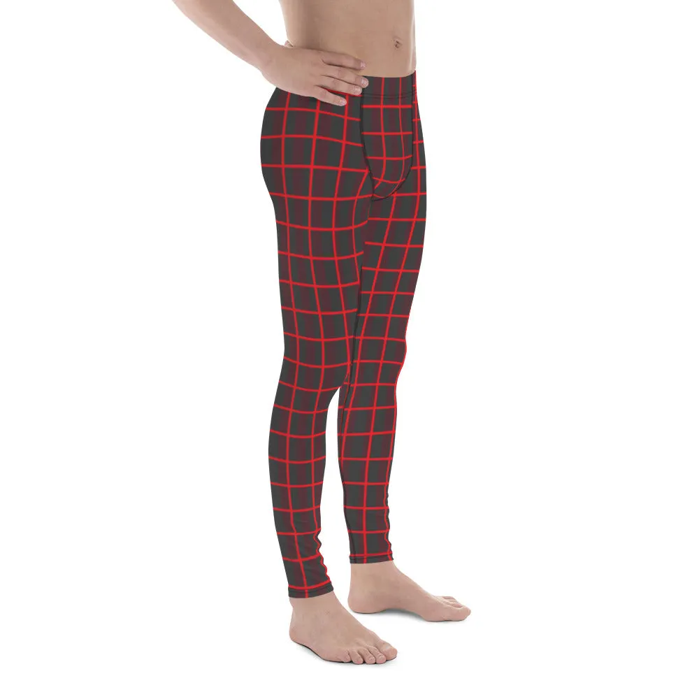 Red Plaid Print Men's Leggings, Best Xmas Festive Holiday Christmas Costume Tights - Made in USA/EU/MX