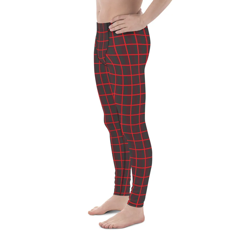 Red Plaid Print Men's Leggings, Best Xmas Festive Holiday Christmas Costume Tights - Made in USA/EU/MX