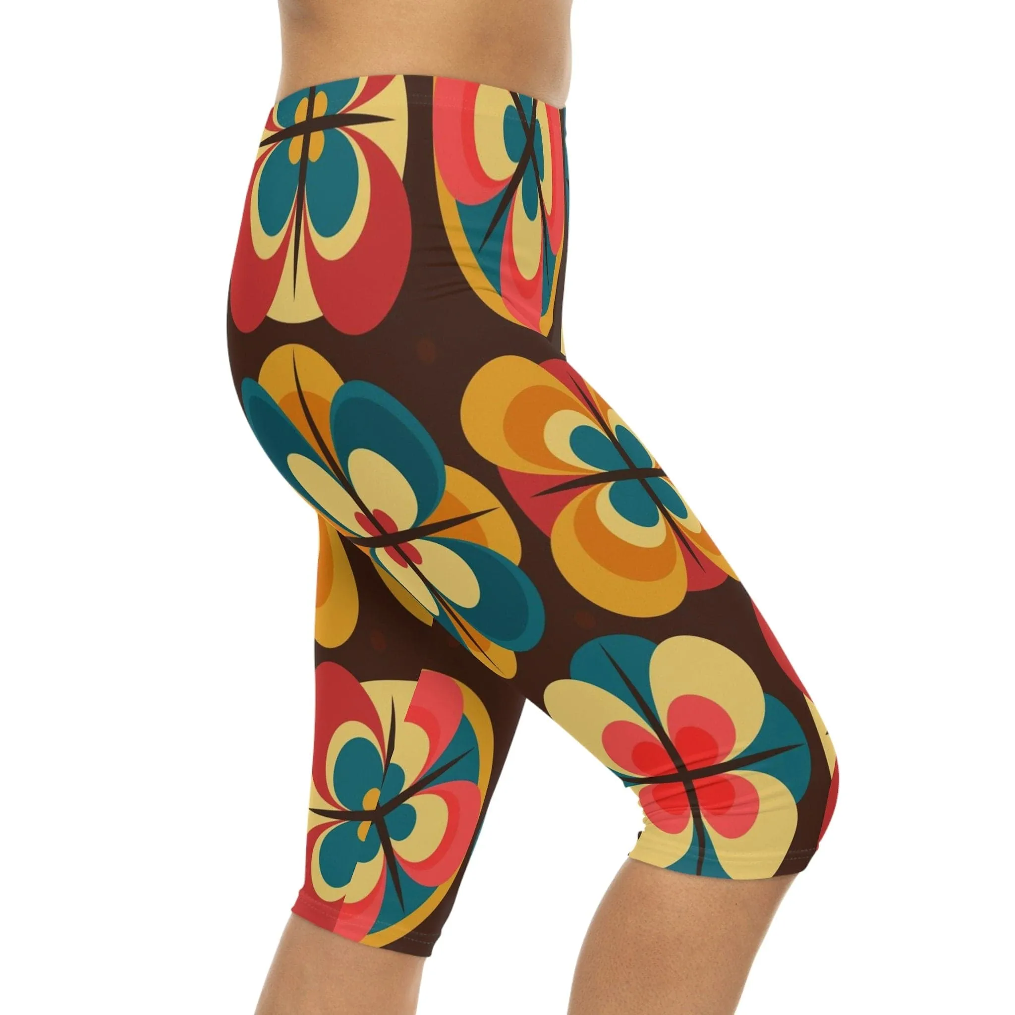 Retro Flower Power Groovy Hippie 60s, 70s Mid Mod Capri Leggings