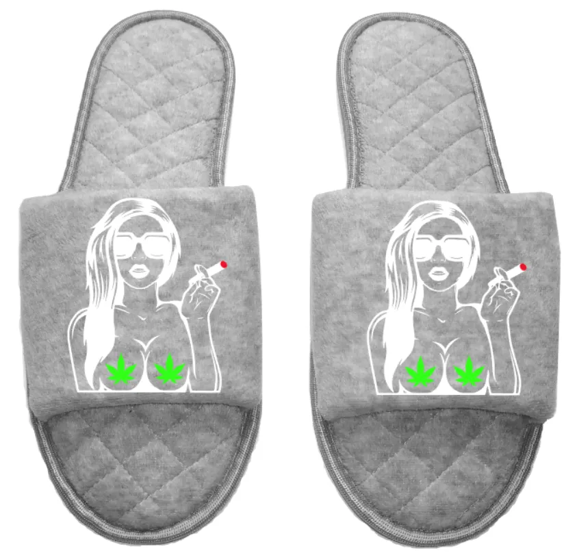 Sexy girl smoking Medical Marijuana mmj medicinal weed 4:20 mary Jane Women's open toe Slippers House Shoes slides mom sister daughter custom gift