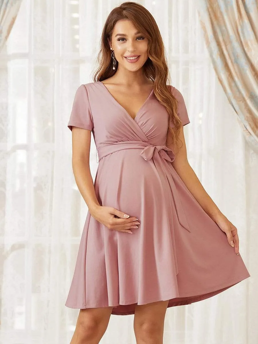 Short Sleeve Tie Waist Short A-Line Maternity Dress