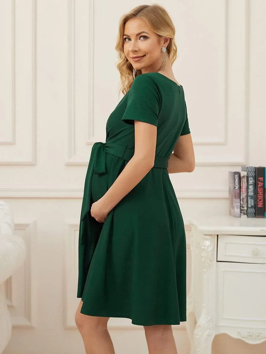 Short Sleeve Tie Waist Short A-Line Maternity Dress