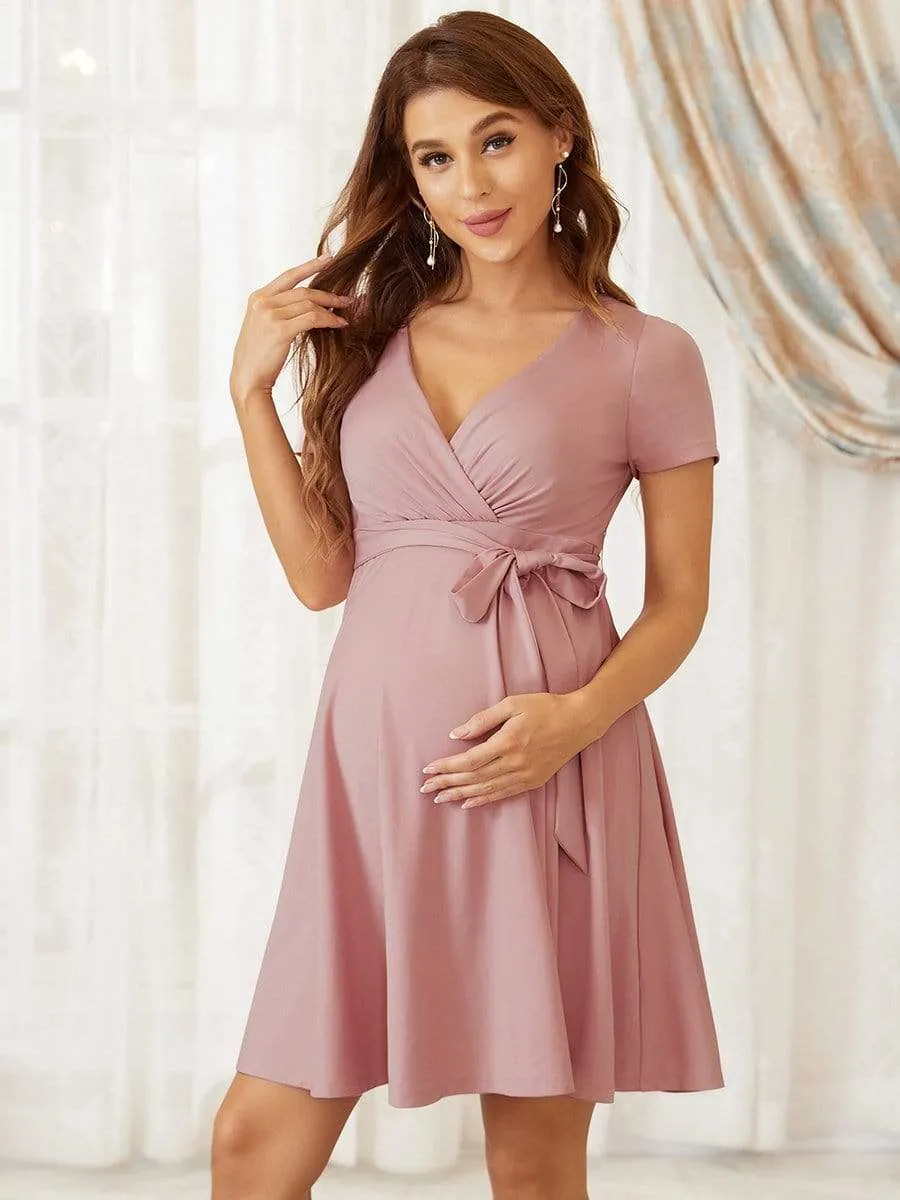 Short Sleeve Tie Waist Short A-Line Maternity Dress