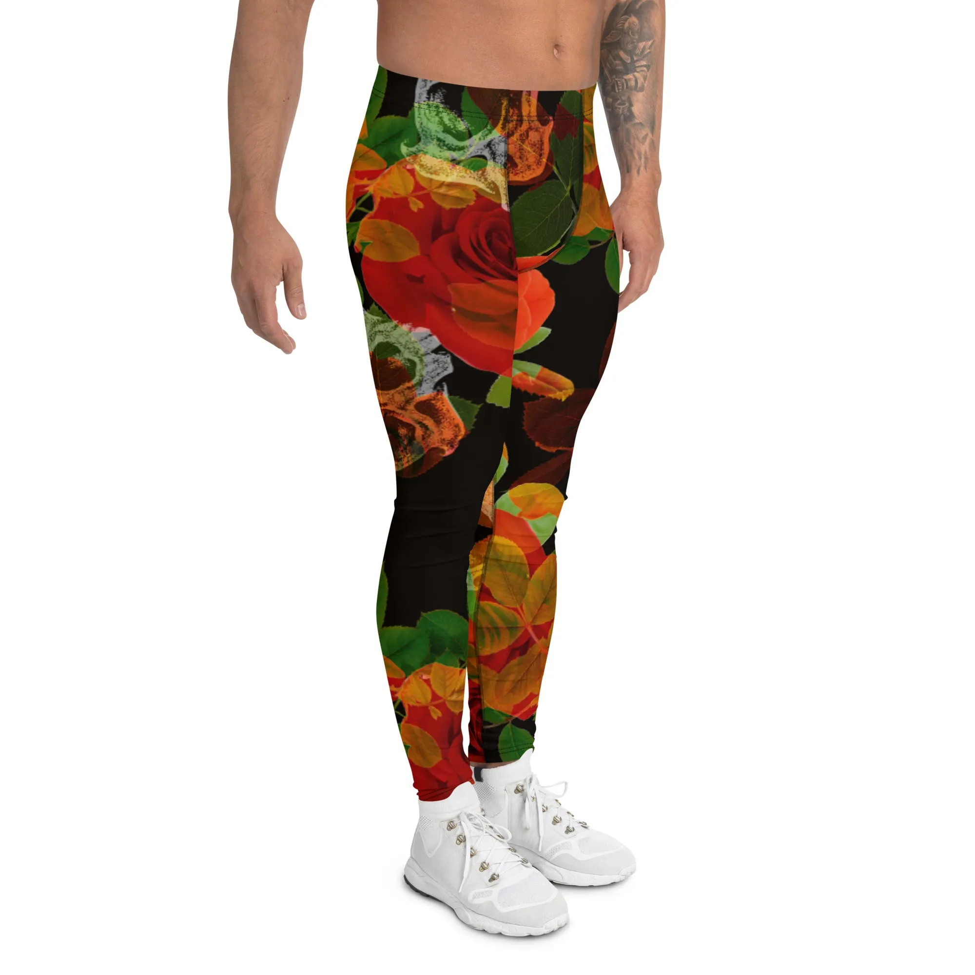 Skull Roses Best Men's Leggings, Rose Skull Leggings, Skull Leggings Men - Made in USA/EU/MX